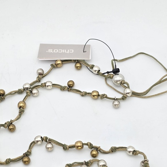 New! CHICO'S Besar Long Necklace Brass Bead Green Cord Hand Tied 40" New W Tags - Picture 6 of 9